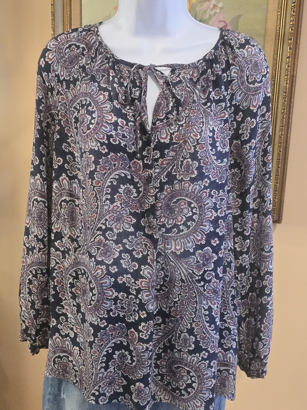 Lucky Brand Navy Paisley Tie-Front Peasant Top